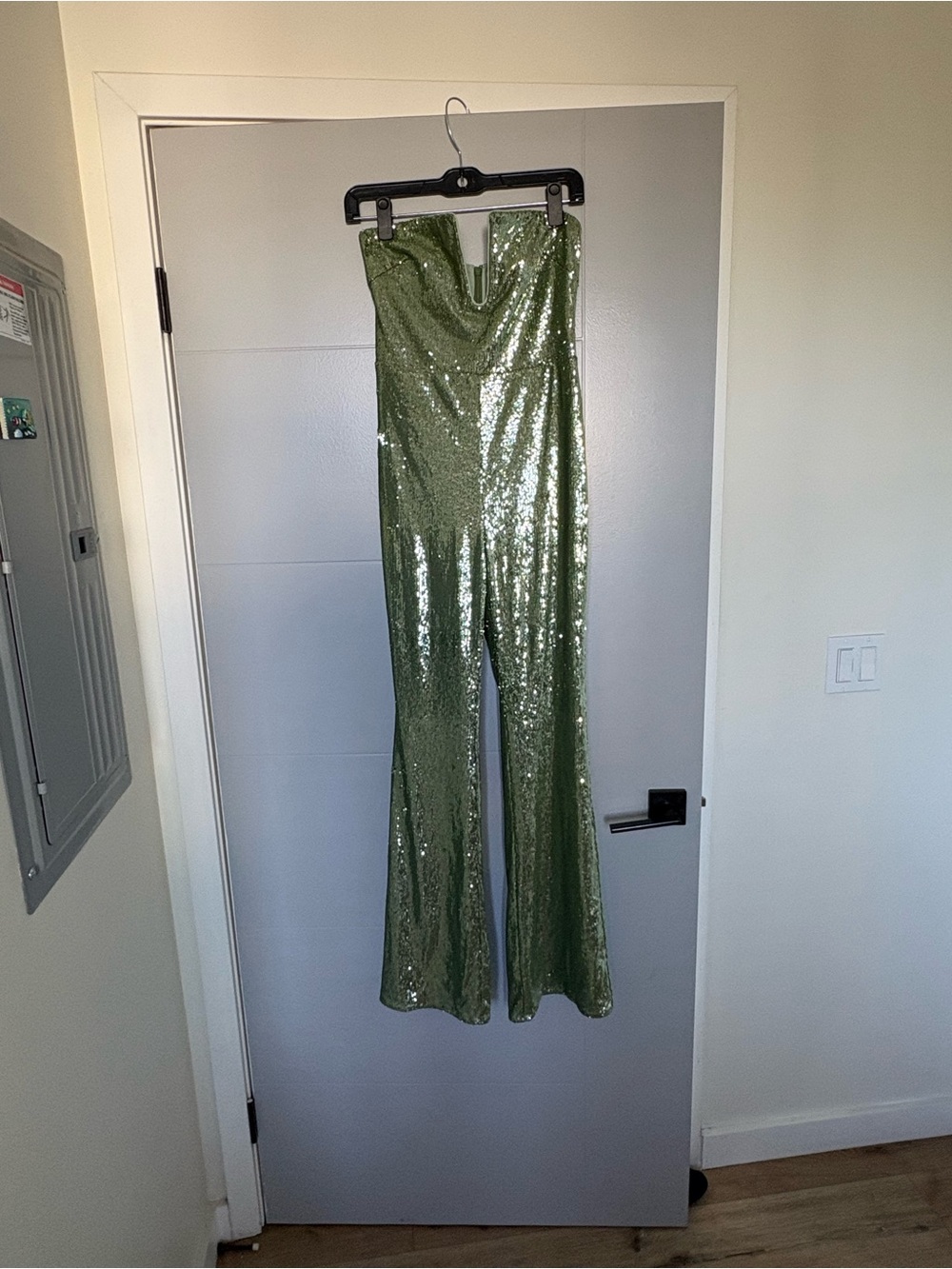 Lovers + Friends Olive Sequin Strapless Flare Jumpsuit